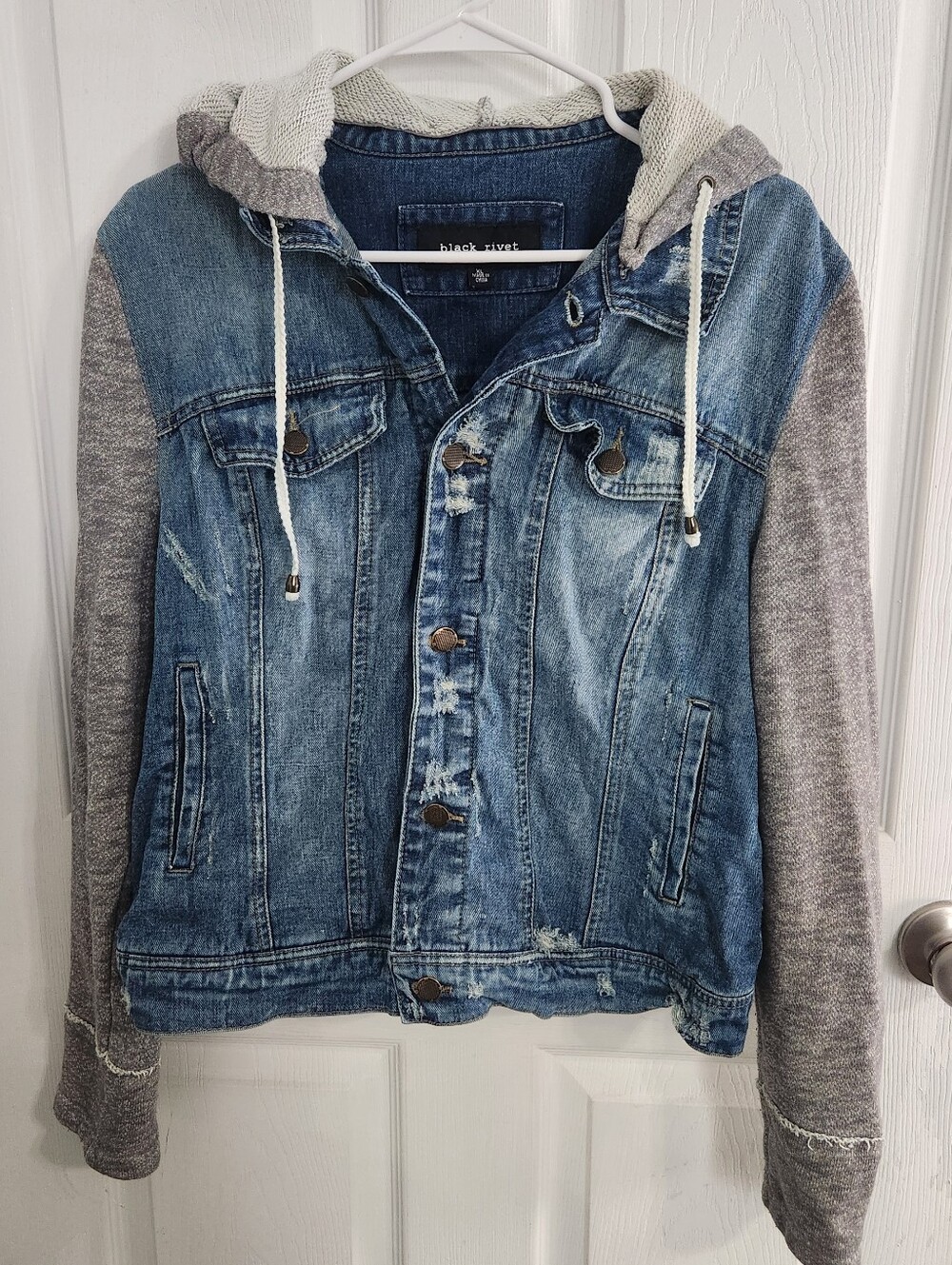 Black Rivet XL women distressed button denim jacket detachable hood grunge Y2K
